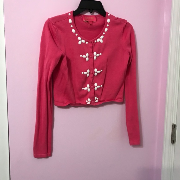 Lilly Pulitzer pink Jubilee White bead embellishment cropped Holli Cardigan XS